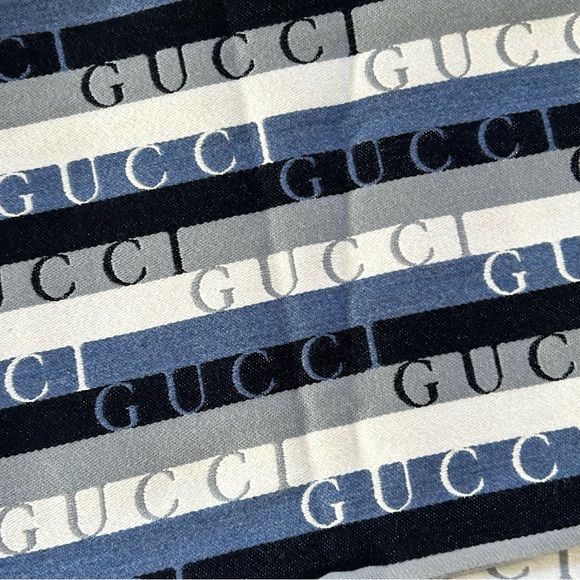 Authentic Gucci Unisex Striped & Signature Wool Scarf Blue Gray White - Picture 10 of 11